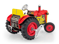 Traktor na klíček Zetor červený - plastové disky, plechová hračka KOVAP Náchod